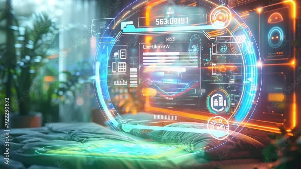 Poster a cozy bedroom features advanced holographic technology displaying an interactive interface surround