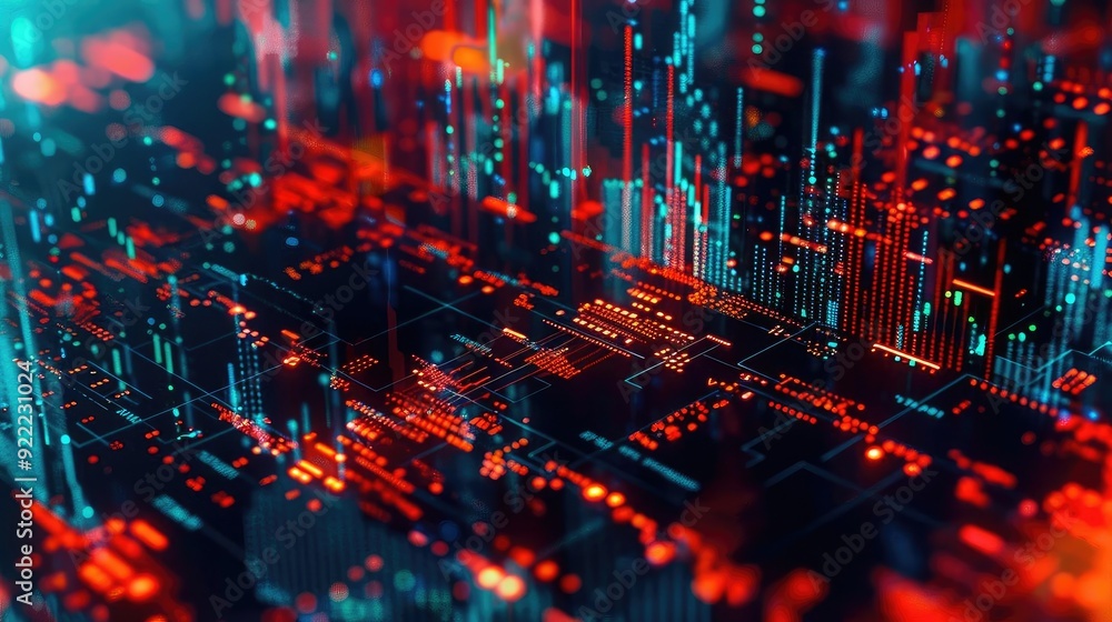 Poster vibrant digital landscape featuring illuminated circuits and abstract data visuals in red and blue h