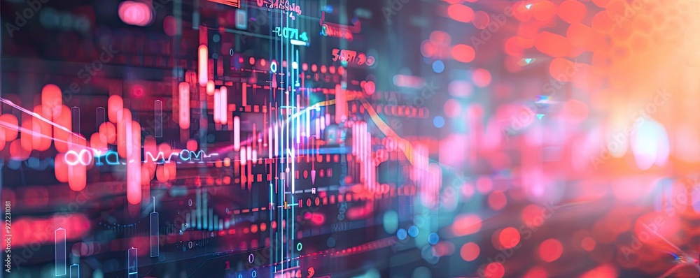 Poster abstract digital financial background with colorful data visualization, trends, and statistics repre