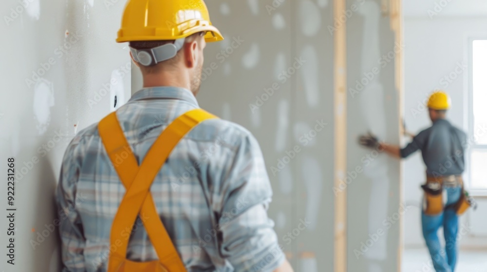 Poster two carpenters working together to install new doors at a construction site with a deep depth of fie