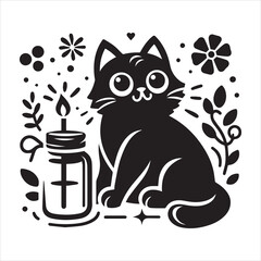 Print A cat and a plant in an illustrated frame  silhouette vector with white background