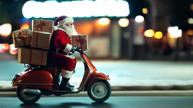 Santa on a moped carries boxes of gifts along the Christmas streets of the city