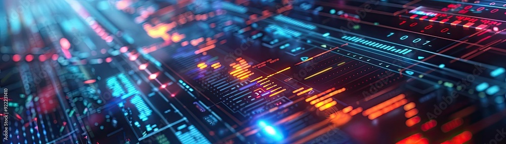 Poster vibrant digital network with colorful data patterns and glowing circuits, representing innovation in