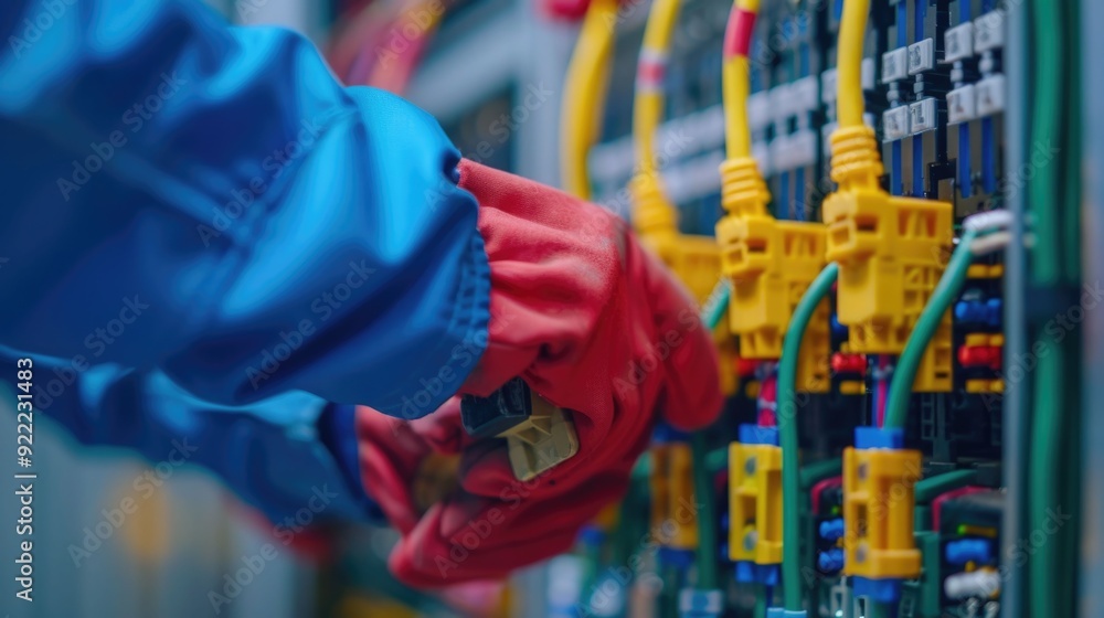 Poster close up view of complex electrical wiring and circuits with electricians working on repairing and m