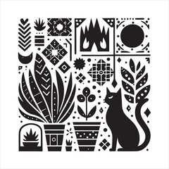Print A cat and a plant in an illustrated frame  silhouette vector with white background