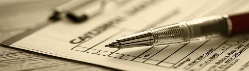 Fototapeta premium A close-up of a pen resting on a form, highlighting the details of paperwork and the writing process in a classic style.