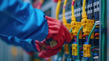 Close up view of complex electrical wiring and circuits with electricians working on repairing and maintaining the system at an industrial workplace  Concept of electrical engineering technology