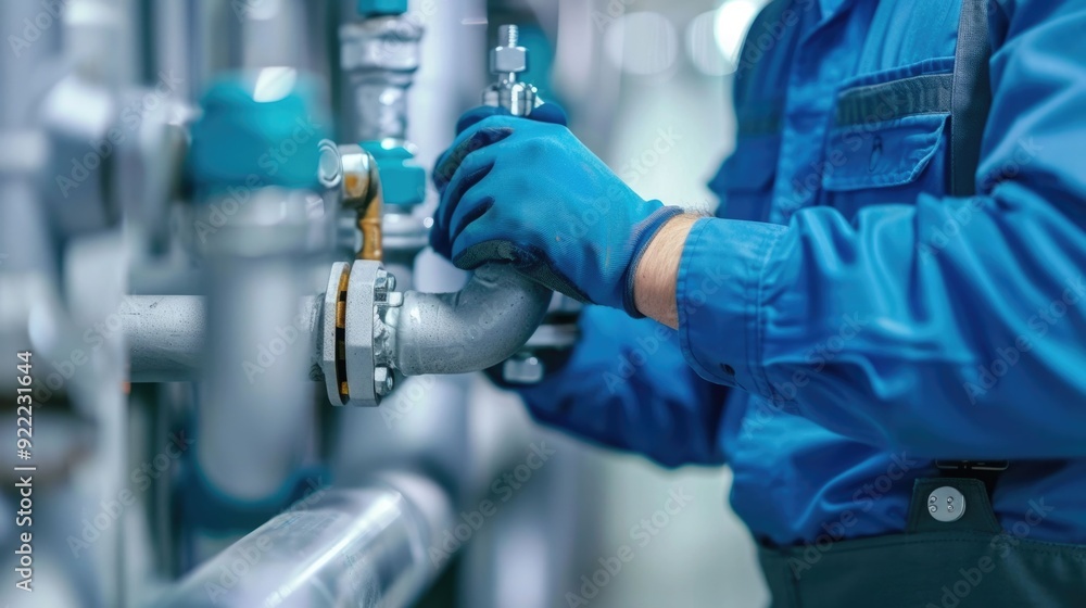 Poster plumbers in blue uniform connecting pipes in an industrial plumbing setup with a deep depth of field