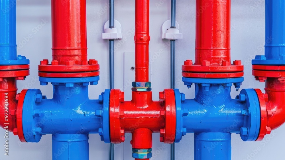 Poster close up view of plumbing system setup featuring interconnected pipes valves and fittings in an indu