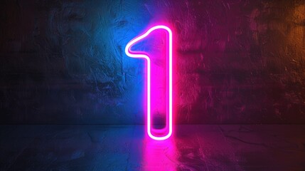 Neon glowing number one on a dark surface.