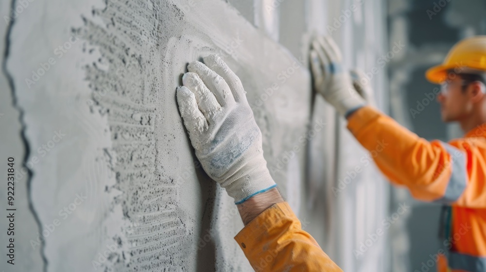 Poster skilled construction workers carefully installing drywall sheets on the wall of a building site show