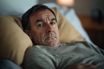 Fototapeta premium A close-up of an older man resting in bed, looking serious and contemplative, with pillows in the background. The image captures a moment of rest and introspection.
