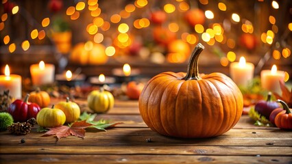 Autumn Pumpkin on Wooden Table for Thanksgiving Party. Perfect for: Thanksgiving, Autumn, Holiday Parties, Seasonal Backgrounds