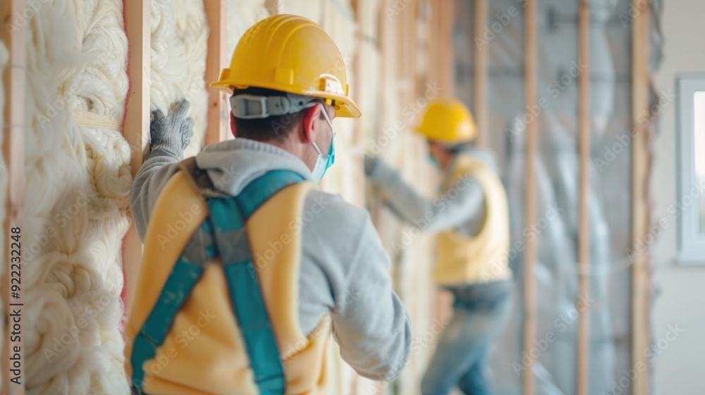 Poster construction workers in hard hats and protective gear adding insulation material to walls of a build