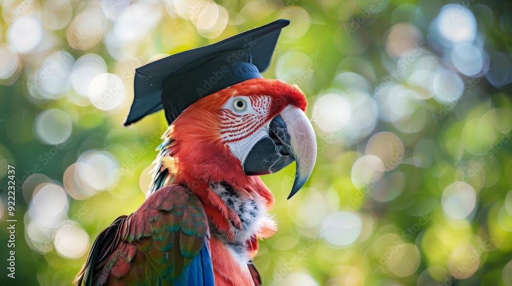 Wall mural an impressive red parrot wears a graduation cap in a natural setting, illustrating a blend of natura