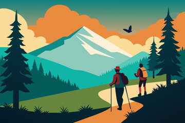 Hiking adventure scene in flat style. Hiker traveling on the wild landscape, with mountains