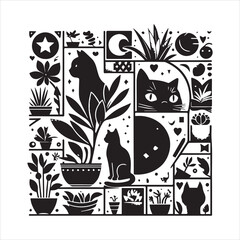 Print A cat and a plant in an illustrated frame  silhouette vector with white background