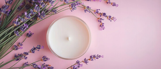 Container with wicks and lavender flowers on pink background. Making homemade candle