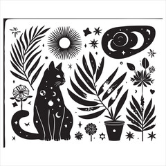 Print A cat and a plant in an illustrated frame  silhouette vector with white background