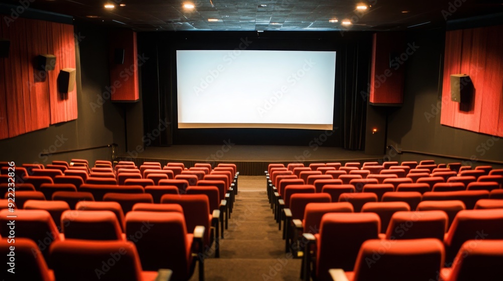 Poster The theater features rows of red seats facing a large blank screen, with dim lighting creating a quiet atmosphere.