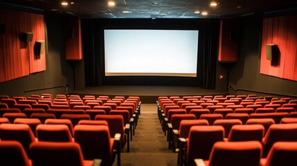 Obraz premium The theater features rows of red seats facing a large blank screen, with dim lighting creating a quiet atmosphere.