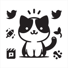 Print A cat and a plant in an illustrated frame  silhouette vector with white background