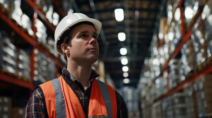 A warehouse worker wearing a hard hat and safety vest is looking up at the inventory shelves in a large, well-lit warehouse stocked with various items.