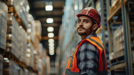 A warehouse worker, equipped with a safety helmet and vest, is holding an inventory box and looking up, signifying meticulousness and attention to detail in warehousing.