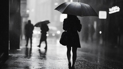 Rainy City Street with Woman Holding Umbrella