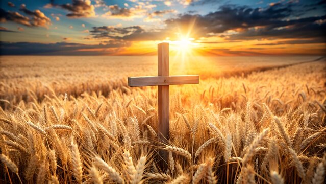 Thanksgiving Barley Field with Cross Background. Perfect for: Thanksgiving, Harvest Festivals, Religious Events, Autumn