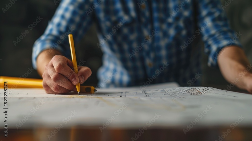 Poster detailed architectural blueprint plans being reviewed by professional architects or engineers on a d