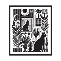 Print A cat and a plant in an illustrated frame  silhouette vector with white background