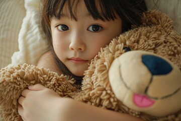 A little girl with large eyes cuddles her teddy bear on a pillow, surrounded by warm light, portraying a feeling of safety, comfort, and deep affection.