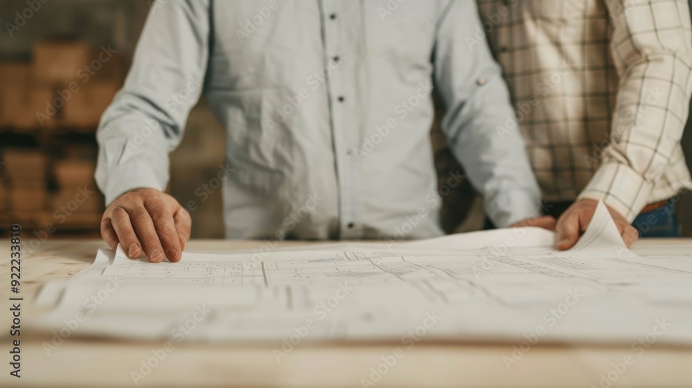 Poster architects carefully reviewing detailed construction blueprints and architectural plans working coll