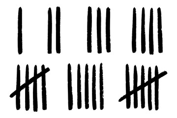 Vector lines counting the date in prison. Vertical stripes scratch handdrawn. 1, 2, 3, 4, 5 days sketch on wall. Stock illustration isolated on white background.