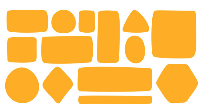 Vector organic shapes. Hand drawing box for text. Yellow doodle bubble wavy banner. Abstract quote asymmetrical shape. Set blank geometric elements for design: circle oval triangle rectangle hexagon.