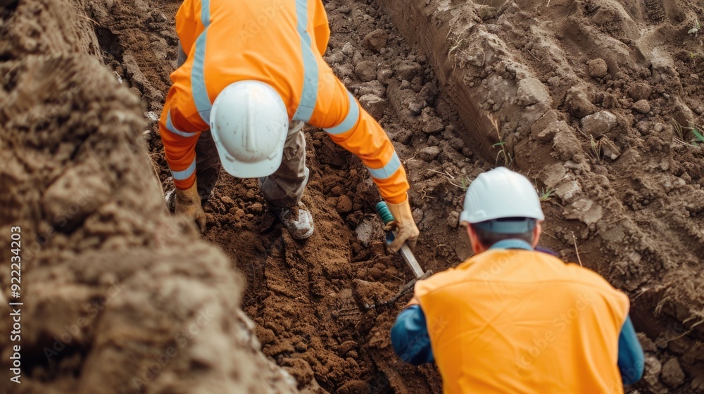Aufkleber workers in orange uniforms and hardhats clearing and leveling the ground at a construction site with