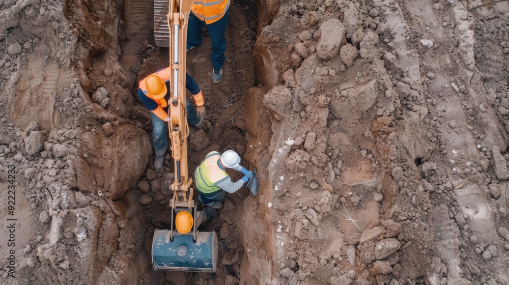 Aufkleber construction site with workers using machinery and tools to clear and level the ground in a deep dep