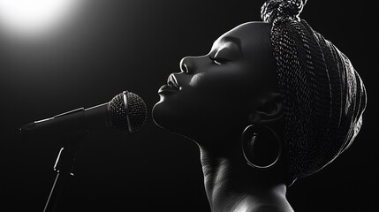 Black and White Portrait of a Woman Singing into a Microphone
