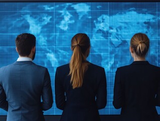 Three Business Professionals Analyzing Global Data on a Digital World Map.