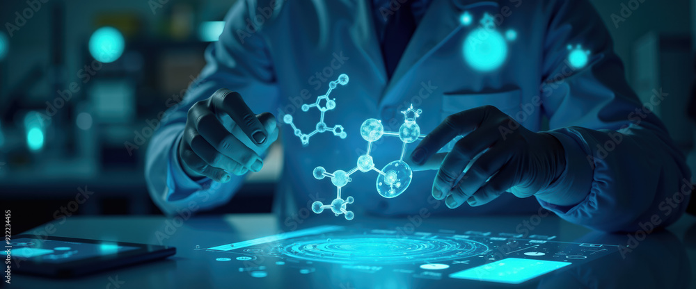 Wall mural scientist working in the laboratory discovering formulas on digital screen