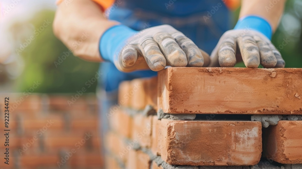 Poster close up shot of masonry work in progress with skilled bricklayers carefully laying bricks and morta