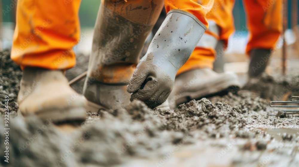 Aufkleber construction workers carefully pouring and filling concrete molds to create a sturdy foundation for 
