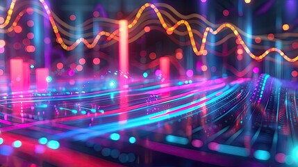 Fototapeta premium Vibrant abstract digital waves with colorful neon lights, representing sound and data visualization in a futuristic design.