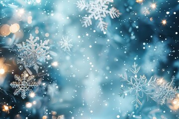 Abstract Christmas background with glowing blue snowflakes and winter theme.