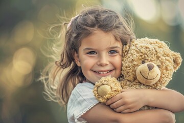 A smiling young girl holding a teddy bear in a lush garden setting, evoking feelings of joy, comfort, and the vibrant beauty of childhood surrounded by nature.