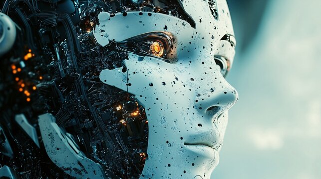 Close-up of an AI robots face with a complex neural network background