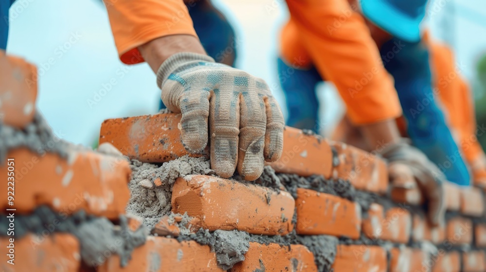 Poster close up view of skilled masonry work with masons carefully laying bricks and using trowels to apply