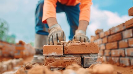 Skilled Masonry Worker Carefully Laying Bricks with Precision and Care on a Construction Site