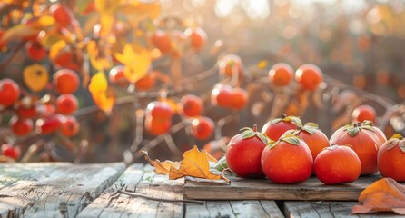 Ripe persimmons on a wooden table with autumn leaves in the background.